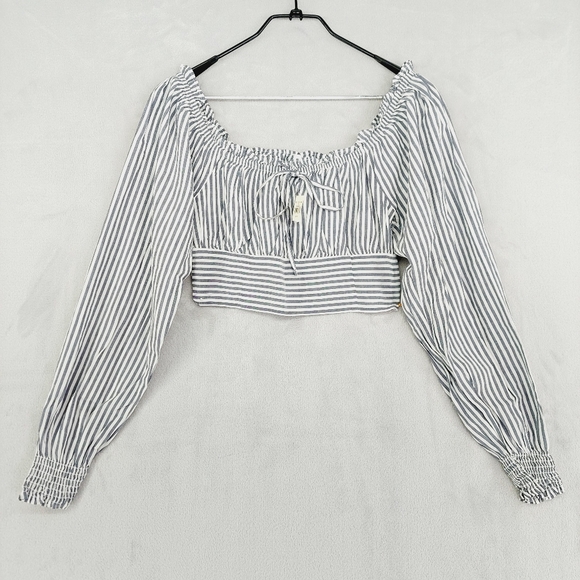 New Aerie Woven Pretty Long Sleeve Stripped Cropped Top P1794 - Picture 2 of 9